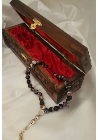 Rahan Akik Tesbih Tespih Akik Doğal Taş Tesbih Gümüş İmameli Ahşap Kutulu 10 Mm Akik Mavi Beyaz Çok Renkli