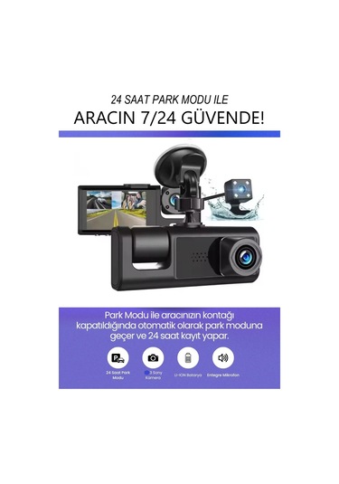 Araç İçi Wi-fi Güvenli Sürüş Kamerası Ön İç Arka 3 Kameralı G-sensör Mobil Uygulama İle Kolay İzleme