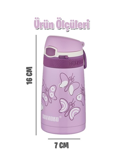 Shamobo Çocuk 350 Ml Pipetli Paslanmaz Çelik Termos Bpa İçermez 7 Renk Koyu Pembe