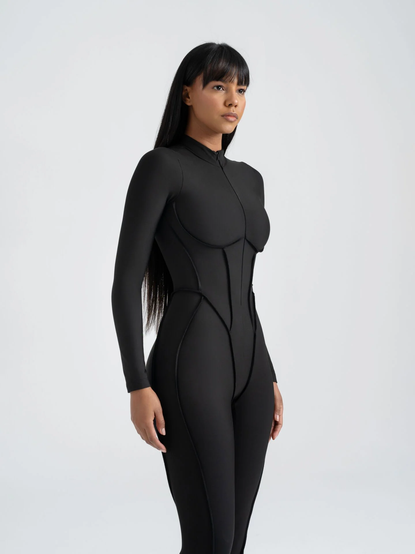 Dikişle Modellenmiş Spor Tayt Tulum Siyah