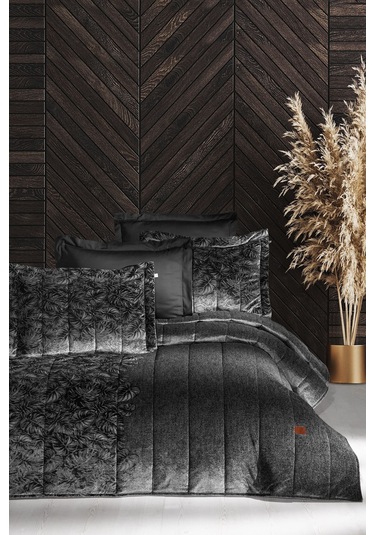 Lucie Jakar Kadife Mürdüm Çift Kişilik Yatak Örtüsü Takımı Siyah Bej