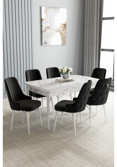 Jusie Beyaz Mermer Desen 80x132 Açılabilir Yemek Odası Takımı 6 Adet Sandalye Siyah