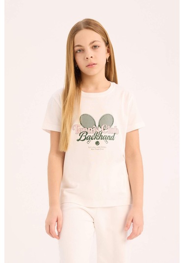 DeFacto Kız Çocuk Bisiklet Yaka Baskılı Kısa Kollu Tişört E0349A825SMWT34 Beyaz