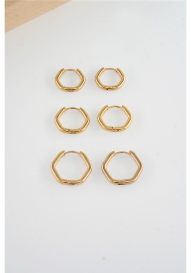 Kadın 316 L Çelik Anti Alerjenik Beşgen Model 3 Boy 1.8cm / 2.2 Cm /2.5 Cm Klipsli 6'lı Set Küpe -5130 Altın