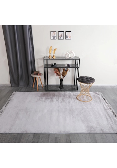 Açık Gri Fluffy Düğüm Saçaklı Post Peluş Halı Kaymaz Taban