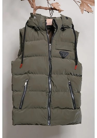 Kapüşonlu Erkek Çocuk Nova Kumaş Şişme Yelek Haki