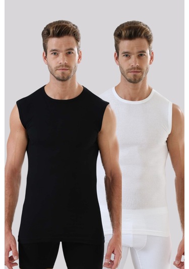 Erkek Beyaz - Siyah Tişört Sıfır Kol Sıfır Yaka Kolsuz Atlet 2'li %100 Pamuk-beyaz- Siyah