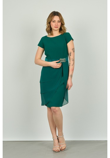 Vals Kadın Yarım Kol Aksesuar Detaylı Araboy Şifon Abiye Elbise 22-176 Zümrüt