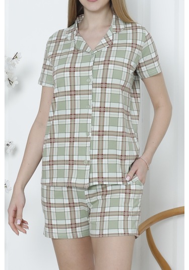 Kadın Düğmeli Şortlu Pijama Takımı Ekoseli Pamuklu Likralı Cepli Çağla Yeşili Nıc1078 R111 Çağla Yeşili