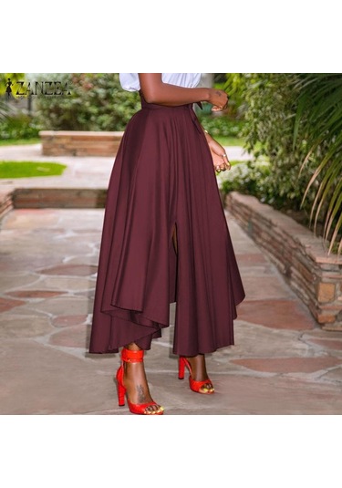 Zanzea Bayan Yaz Yüksek Bel A Hattı Yırtmaçlı Etek Cepli Kahverengi