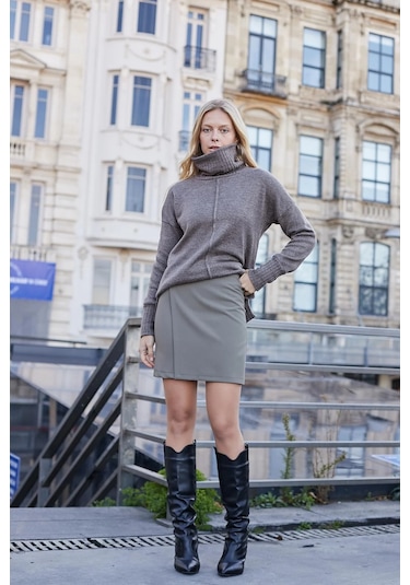 Kadın Hafif Likralı Kumaş Yüksek Bel Anvelop Kruvaze Hafif Mini Kalem Etek-haki Haki