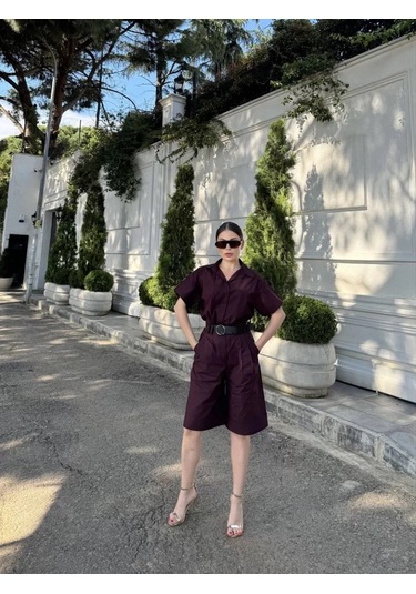 Kadın Yakalı Gömlek Kemerli Şortlu Takım - Bordo Bordo