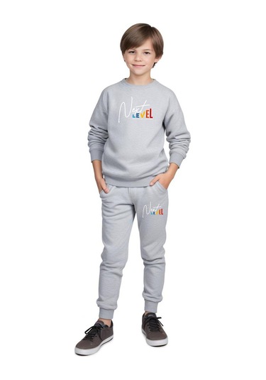Erkek Çocuk Bisiklet Yaka Next Level Baskılı Eşofman Takımı Gri