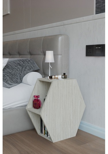 Alpa Ev Mobilya Altıgen Komodin, Modern Başucu Sehpası, Dekoratif Raflı Komodin Kitaplık Traverten