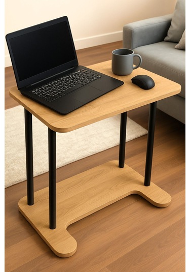 Yüksek Kalite Tekerlekli Laptop Sehpası Kahvaltı Masası Yan Sehpa Safir Meşe