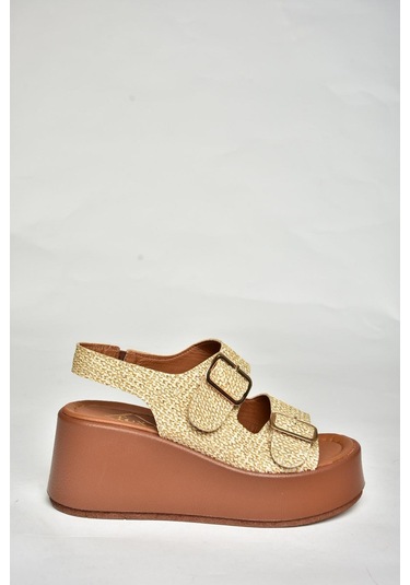 Fox Shoes U946418517 Bej Hasır Dolgu Topuklu Kadın Ayakkabı Bej-hasır