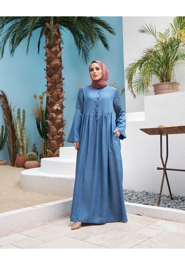 Neways 6591-Kolları Nervürlü Elbise Koyu Mavi