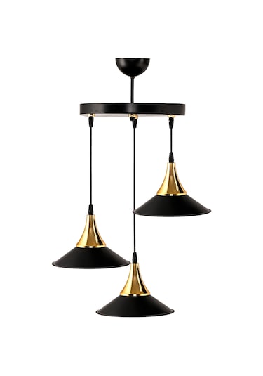 Dd Üçlü Embudo Tepsili Avize Gold Huni Japon Şapkalı Siyah3