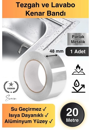 20 Mt Parlak Metalik Gri Tezgah Lavabo Kenar Bandı Sızdırmaz Isıya Dayanıklı Bant Su İzolasyon 1 Ad.