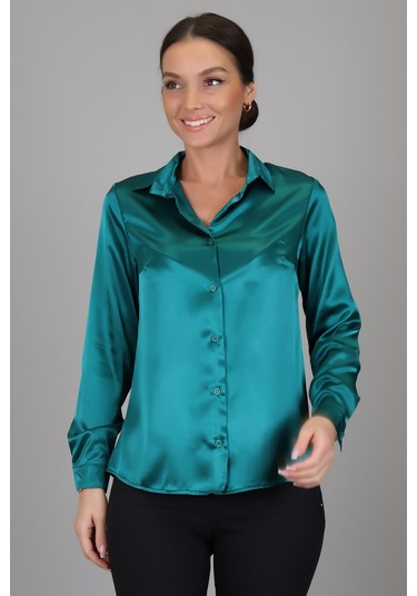 Sweetness Kadın Zümrüt Yeşili Saten Gömlek Yeşil