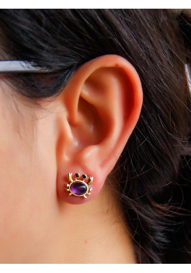 Esha Store Doğal Taş Ametist Doğal Taşlı Yengeç Altın Kaplama Kadın Küpe Euk21amt Mor