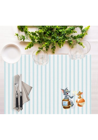 Adawall Home Tom And Jerry Striped Kumaş Amerikan Servis 4'lü Set Beyaz - Mavi