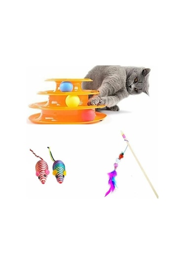 Olta + 2 Adet Fare + 3 Katlı Tower Kedi Oyuncağı Çok Renkli