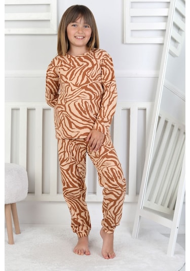 Kaplan Desenli Kız Çocuk Pijama Takımı Kahverengi