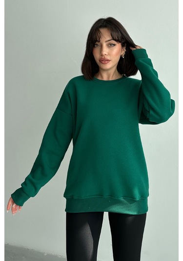 Kadın Bisiklet Yaka Oversize Sweatshirt Nefti Yeşili