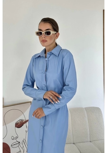 Mavi Boydan Düğmeli Deri Elbise Mavi