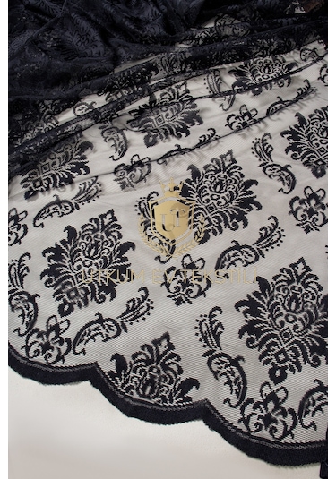 Damask Desen Siyah Örme Tül Perde 1012