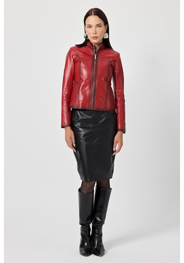 Antonella Kırmızı Kadın Deri Mont 001