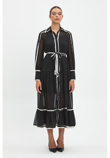 Şifon Ve Bağcıklı Midi Boy Elbise - Kontrast Şerit Detaylı - Günlük Ve Özel Günlük Şıklık Siyah