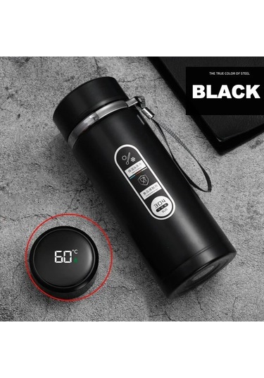 1000ml Paslanmaz Çelik Termos Led Sıcaklık Göstergesi Ile Su Mat Siyah