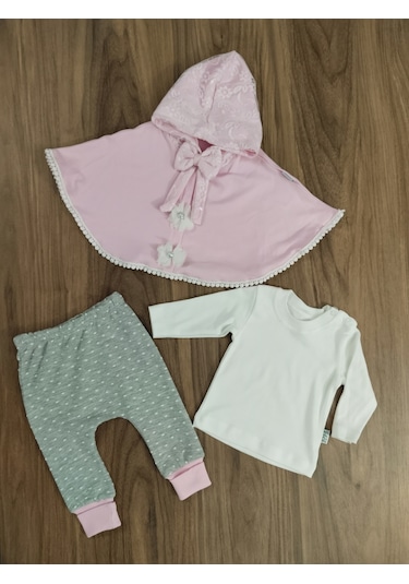 Egişbaby Kız Bebek Pelerinli Üçlü Takım Pembe