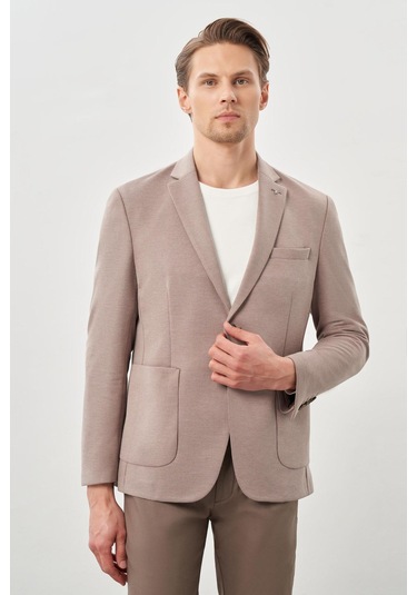 Koyu Vizon Kazayağı Desen Örme Mono Yaka 2 Düğme 6 Drop Slim Fit Classic Ceket 1002245166 405 Koyu Vizon