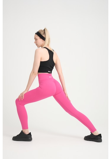Gymhams Neon Pembe Kalçası Büzgülü Kalça Şekillendirici Push Up Yüksek Bel Spor Tayt Pembe
