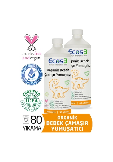 Ecos3 Organik Bebek Çamaşır Yumuşatıcı- 80 Yıkama - 2 X 1000 Ml