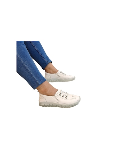 Voyager 9871 Beyaz Hakiki Deri Boncuklu Bayan Ayakkabı Beyaz