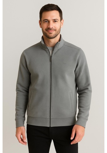 Troy Slim Fit Erkek Tam Fermuarlı Ceket - 7441 Gri