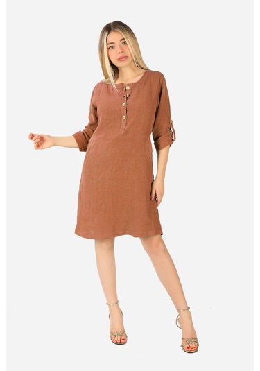 Keten Midi Elbise Kahverengi