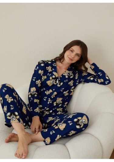 Lukitus Gömlek Yaka Ayıcık Desen Süet Kadın Pijama Takımı Luksüetl Mavi