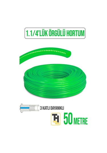 1.1/4 Örgülü Bahçe Hortumu Çatlamaz, Kırılmaz, Esnek 50 Metre Yeşil