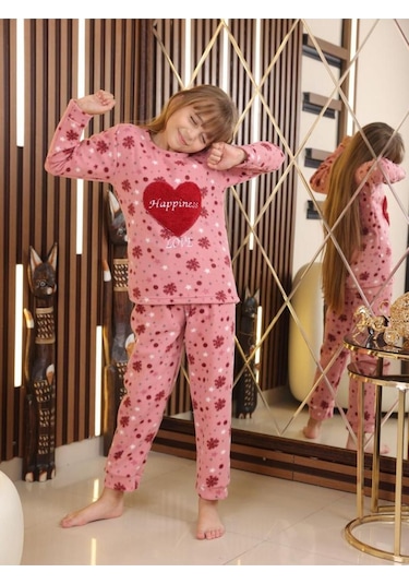 Fames Pijama Happiness Çocuk Polar Kışlık Pijama Takımı. 5-6-7-8-9-10 Yaş Pembe