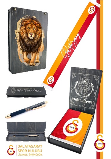Galatasaray Lisanslı Çift Yön Baskılı Şal Kaşkol Atkı Ve Hybrit Tükenmez Kalem Set Aslan Baskılı Ahşap Kutulu Sarı + Kırmızı.