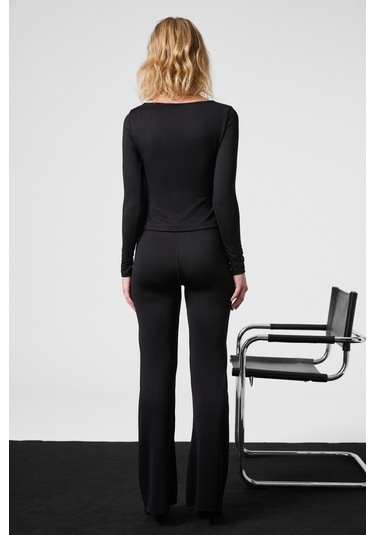 Grımelange Lorelıs Kadın Esnek Kumaşlı Geniş Paçalı Dikiş Detaylı Siyah Pantolon siyah