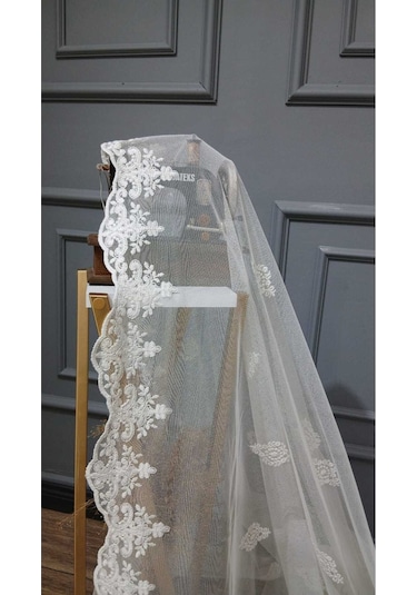 Tül Perde Brode Nakış Yeni Eko Seri Büyük Damask Nakış 2 Kat Pileli Tül Perde BEYAZ