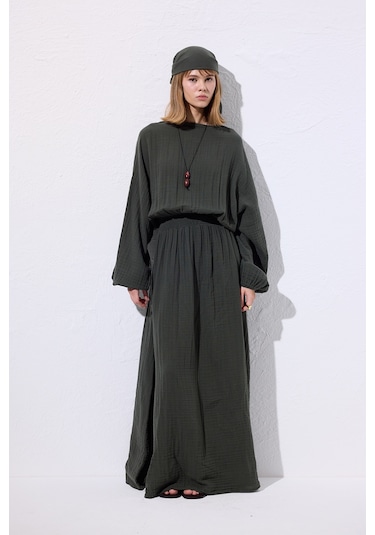 Müslin Beli Büzgülü Elbise Koyu Yeşil Koyu Yeşil