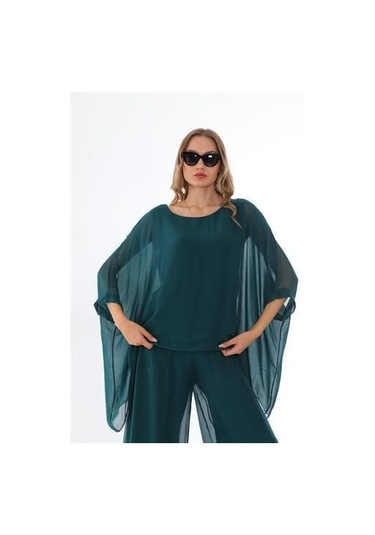 İtalyan Yarasa Kollu İpek Bluz Zümrüt Yeşili