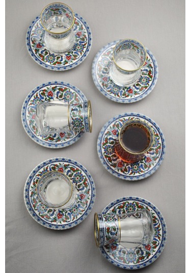 12 Parça 6 Kişilik Lüx Cam Çay Seti Gold Detaylı Altın Renk İşlemeli Lüks Çay Takımı Lacivert